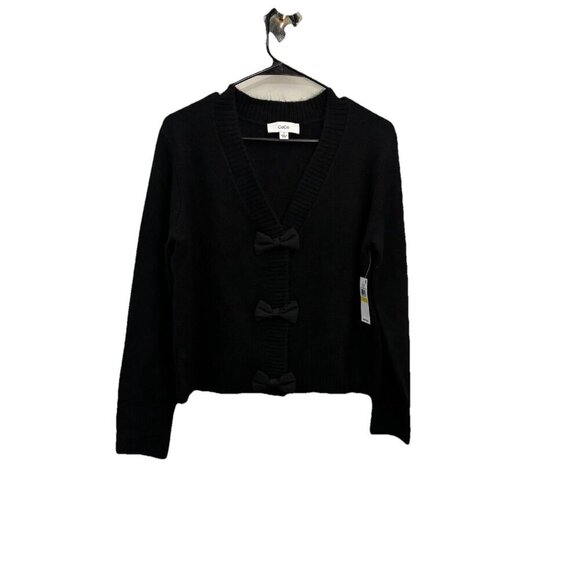 CeCe Bow Button V Neck Cardigan Black Women Medium - Picture 2 of 14